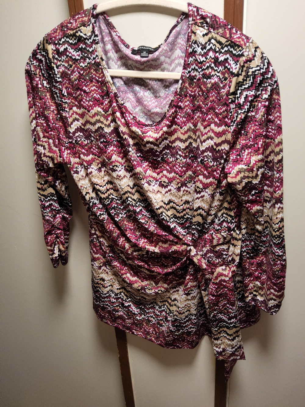 Notations Raspberry and Cream Zigzag Twist-Front Long Sleeve Top